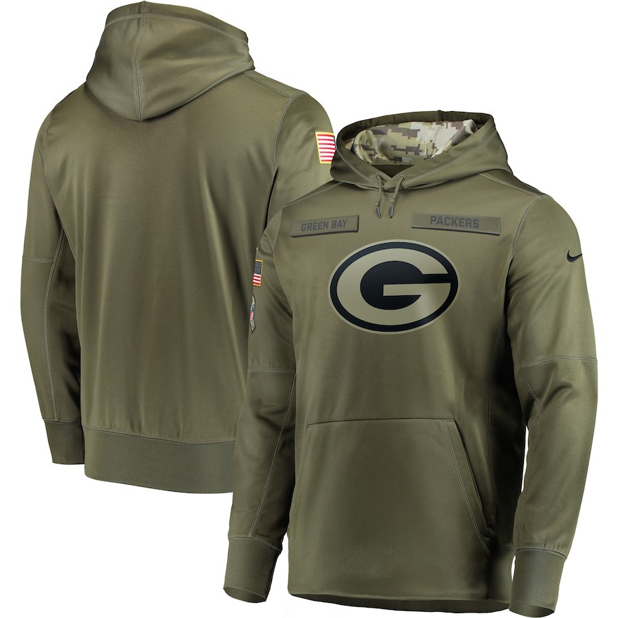 Men's Green Bay Packers 2018 Olive Salute to Service Sideline Therma Performance Pullover Stitched Hoodie
